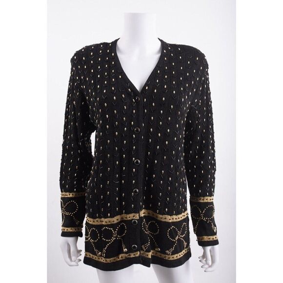 Eagle's Eye Womens Beaded Cardigan Sweater M Black Gold Button Front NWOT - Picture 1 of 6